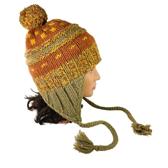 Seirus Lambswool Knit Hat W Pom Braided Tassel Orange Olive Green Adult or Teen - Picture 2 of 9